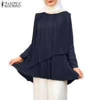 COD dhdfxcz ZANZEA Women Vinatge Muslim High Low Hem Pleated Double Layer Splicing Plan Blouse