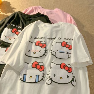 เสื้อยืดแขนสั้นลายการ์ตูน Hello Kitty แฟชั่นผ้าฝ้ายใหม่เสื้อยืดเสื้อลำลองนักเรียนน่ารัก