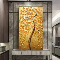 Tree Of Golden ดอกไม้ผ้าใบภาพวาดศิลปะบทคัดย่อ Tree Wall Art โปสเตอร์และพิมพ์ Cuadro Aisle ห้องนั่งเล่นตกแต่งภาพ New