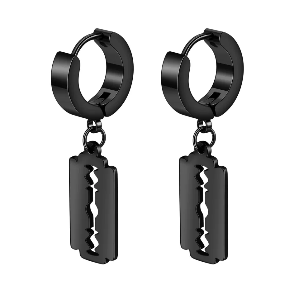 Black Titanium Huggie Hoop Earrings with Razor Blade Charm | Glitters