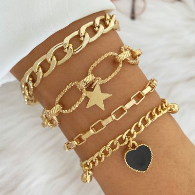 IPARAM Punk Golden Metal Thick Chain Bracelets for Women Men Pentagram Heart Beads Pendant Charm Bracelet Set Fashion Jewelry