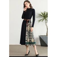 Elegant Knitted Patchwork Pleated Midi Dress 2021 Fall Winter Fashion Women Long Sleeve Ethnic Retro Printing Pleated Dress