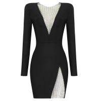 【YF】 2021 New Arrival Bandage Dresses Black Long Sleeve O Neck Beading Sexy Party Club Celebrity Elegant Women Dress