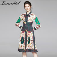 Autumn Fashion Designer Luxury Chain Print Runway Dress Women Vintage Bow Tie Collar Long Sleeve Slim Waist Pleated Midi Dress