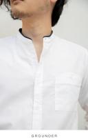 [GROUNDER] WHITE WITH NAVY TRIM COLLAR SHIRT เสื้อเชิ้ต เสื้อสีขาว แบบเรียบ เสื้อคอจีน คอแต่งกรม เสื้อเชิ้ตทำงาน ทรงตรง ใส่สบาย ผ้ารีดง่าย