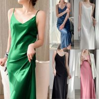 Womens Sexy V Neck Satin Faux Silk Long Dress Evening Paty Club Cocktail Sling Sleeping Female Sleeveless V-Neck Nightgowns