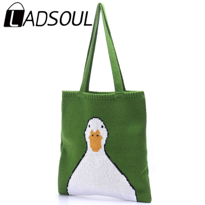 LADSOUL Cute Cartoon Duck Top-handle Tote Bags For Women Winter Vintage Retro Rural Anime Knitting Kawaii Stylish Green Handbags