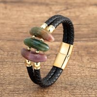 Pulsera de piedra Natural con forma geométrica pulsera neogótica de diseño hipérbole cuerda de cuero doble regalo de joyería gótica nuevo