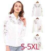 【S-5XL】White Tops Office Shirts plus size Floral Embroidered Blouse Shirt Women Slim