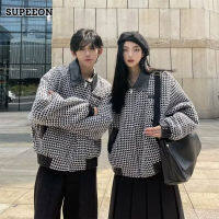 SUPEEON丨 แจ็คเก็ตลำลองผู้ชาย,เสื้อแจ็กเก็ตแบบมีปกลายฟันสุนัขเสื้อแจ็คเก็ตคู่รักดีไซน์หลวมใส่ได้หลายโอกาสฤดูใบไม้ร่วง