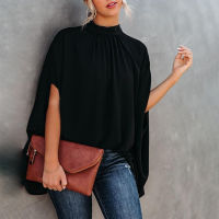 2022 Women Casual Batwing Sleeve Cape Design Black Long Sleeve Ladies Top Elegant High Neck Daily Wear Loose Blouse Lounge Shirt