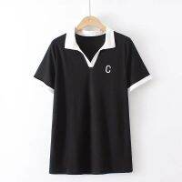 【มีไซส์ใหญ่】Plus Size Womens Turn Down Collar Polo Shirts Short Sleeve White Black Summer Tops