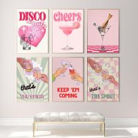 ❁ สีชมพู Disco โปสเตอร์บทคัดย่อภาพวาดผ้าใบ Retro ภาพผนังแฟชั่นบาร์ Tequila Espresso Martini Keep Em Coming Home Decor