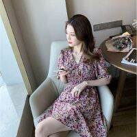 Summer New Style Korean Version R Time V-Neck Half-Sleeved Floral Dress Womens a-Line Skirt