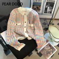 PEAR DODO แจ็คเก็ตคาร์ดิแกนถักสไตล์มหาลัยสำหรับผู้หญิงเกาหลีตัดกัน