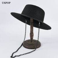 [HOT D] ฟางข้าว Fedoras หมวกกันแดดปานามาฟางหมวกผู้หญิงสำหรับหน้าร้อนพร้อมร่มชายหาดโซ่