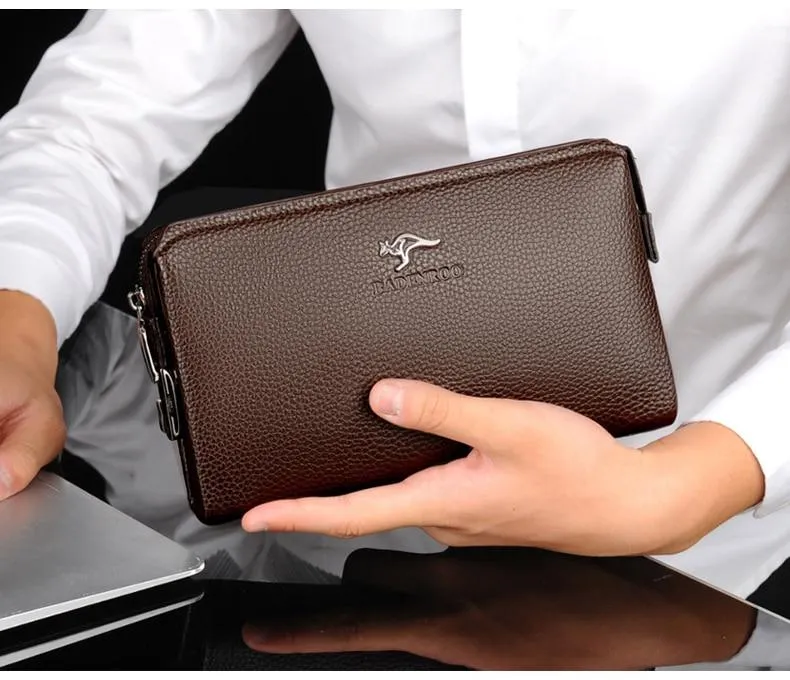 KANGAROO Luxury Brand Men Clutch Bag Leather Long Purse Password Money Bag  Business wristlet Phone Wallet Male Casual Handy Bags—Brown