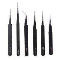 6Pcs Black Lash แหนบตรงจุดแบนข้อศอก Eyelash Extension Applicator เครื่องมือสแตนเลสแต่งหน้าเล็บ Tweezer