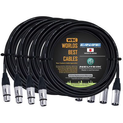 WORLDS BEST CABLES 4 Units - 75 Foot – Quad Balanced Microphone Cable Custom Made Using Canare L-4E6S Wire and Neutrik Silver NC3MXX Male &amp; NC3FXX Female XLR Plugs