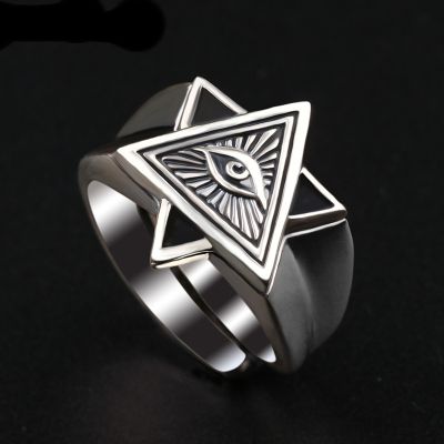 Retro Triangle Eye Geometry Ring for Men Silver Color Open Ring Rock Hip Hop Jewelry Gift