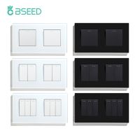 Bseed EU Standard Mechanical Button Switch 1/2/3Gang 1Way Double Light Power Switches White Black Crystal Glass Panel 157mm