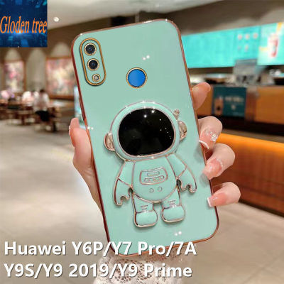 Gloden tree Astronaut Phone Case For Huawei Y9 2019 / Y9S / Y6P / Y7A / Y7 Pro / Y9 Prime Luxury Chrome Plated Soft TPU Square Case + Bracket