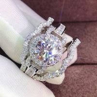 Huitan Trendy 3Pcs Set Silver Color Women Rings Engagement Wedding Accessories Sparkling CZ Luxury Female Jewelry Drop Shipping