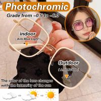 [-0.5ถึง-6.0], [Photochromic] สายตาสั้นแว่นตาผู้หญิงผู้ชายสี่เหลี่ยมขนาดใหญ่คอมพิวเตอร์แว่นตาป้องกันแสงสีฟ้าป้องกัน UV400สายตาสั้นแว่นตาที่มีเกรด