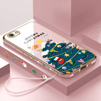 Serpens สำหรับ OPPO A59 F1S ฟรีสายคล้องต้นการ์ตูนคริสต์มาสปลอกลวดลายขอบสี่เหลี่ยมเคสโทรศัพท์ชุบหรูหราชุบเคสโทรศัพท์นิ่ม