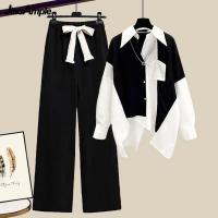 【DT】hot！ Womens Fashion Set 2023 New Splicing Shirt Elastic Waist Wide Leg Pants Piece Korean Blouse Trouser