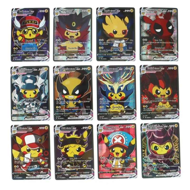 Anime Holographic Pokemon Cards Pikachu Cosplay DIY Luffy Tanjirou One  Piece Goku Eva Frieza Characters English Shiny Card