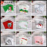 HUAN 100pcs ซานตาคลอส ถุงขนมคริสต์มาส 10x10cm หลากหลายสไตล์ บรรจุภัณฑ์อาหารขนมขบเคี้ยว ของใหม่ สุขสันต์วันคริสต์มาส กระเป๋าพลาสติกใส่ของ ของตกแต่งงานปาร์ตี้