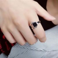 S925 Thai Silver Vintage Black Zirconia Ring with Simple Opening and Individuality ins Tidal Food Ring Mesh Red Adjustable for Men and Women PZSJ