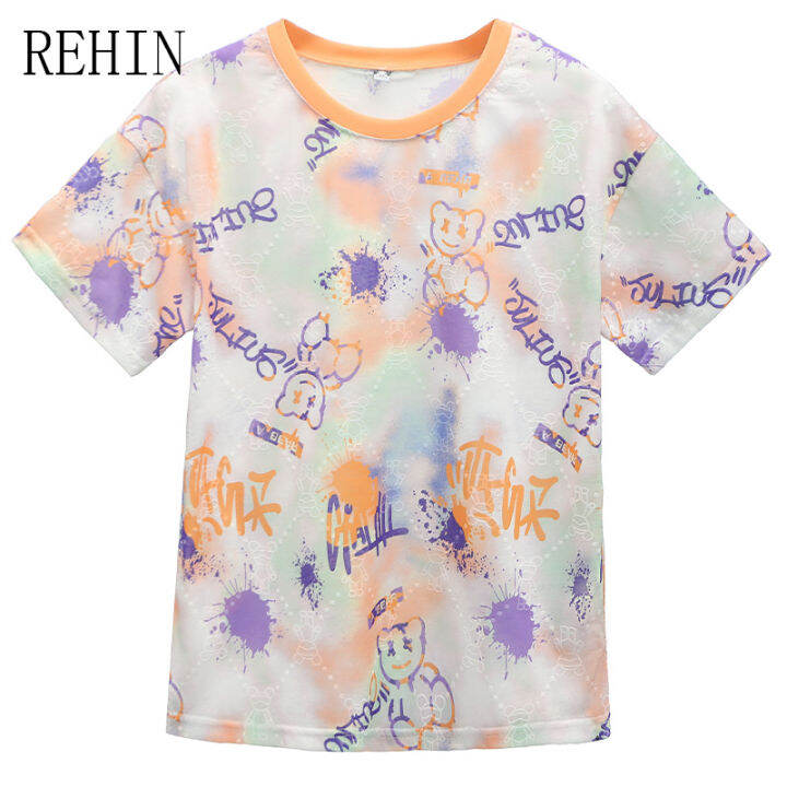 rehin-เสื้อยืดแขนสั้นพิมพ์ลายคอกลมสำหรับผู้หญิง-เสื้อยืดทรงหลวมดีไซน์หรูหราแฟชั่นสไตล์เกาหลีแบบใหม่ฤดูร้อน