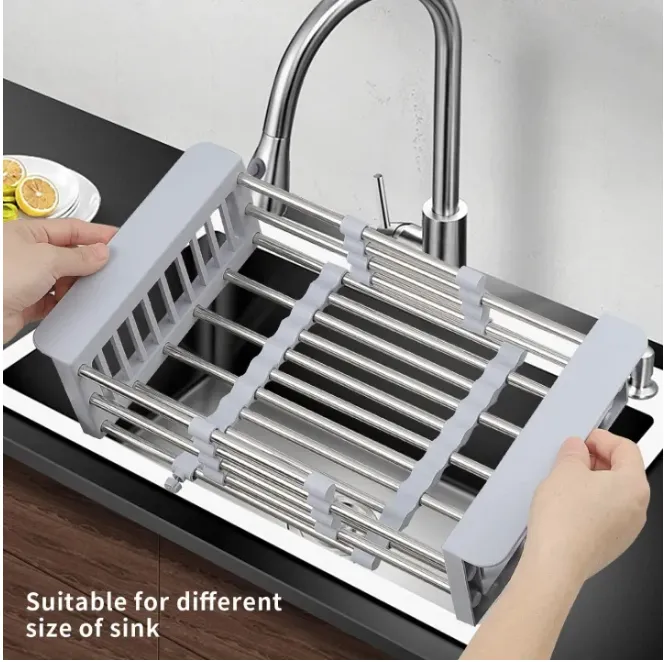 Expandable Stainless Steel Dish Rack Drainer Adjustable Vegetable Fruit  Drain Basket Kitchen Dish Drying Rack Over Sink