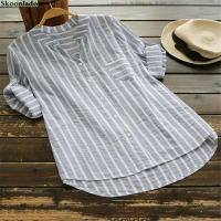 newest autumn 5xl women cotton linen tops long sleeve oversize lady office working linen blouse striped classic formal blouses