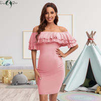 Liu&amp;Qu Fashion Womens Maternity Dress Off Shoulder Layered Ruffle Pregnancy Dress Wrap Knee-Length Pregnant Clothes