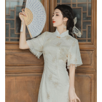 【Available】ฤดูร้อน A-Line Cheongsam เย็บปักถักร้อย Ruffle แขน Vintage Dress Slim เครื่องแต่งกาย Elegant Lined Beige Qipao S To 2XL