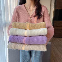 เสื้อกันหนาวผู้หญิง French V Neck สีลูกกวาดด้านบนแขนยาว Cardigan Outmatch ถักเสื้อกันหนาวหลวม ๆ