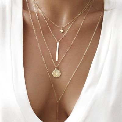 SUMENG 2023 New Bohemian Long Pendant Necklaces Lady Vintage Gold Color Star Multilayer Necklace Jewelry For Women Gift