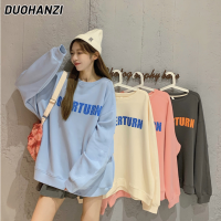 DUOHANZI เสื้อฮู้ดและเสื้อสเวตเตอร์สำหรับผู้หญิง,เสื้อสเวตเตอร์สไตล์เกาหลีของผู้หญิงพิมพ์ลายตัวอักษรเสื้อเบลาส์สีฟ้ายาวปานกลางแบบลำลองเสื้อแจ็คเก็ตแบบสวมหัว