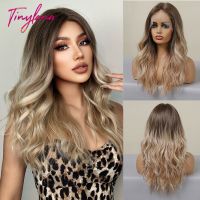 【jw】☈ Wavy Synthetic Front Hair Wigs Mid-Length Blonde Ombre Wig for Afro Resistant