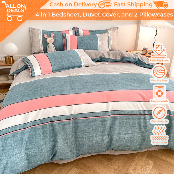 ALL ON DEALS Hotel Quality 4 in 1 Bedsheet Set in Peach and Teal Cotton