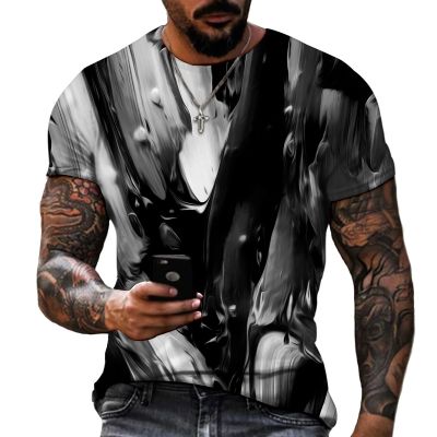 เสื้อโปโลสำหรับผู้ชายชุดทางการเสื้อยืดสีดำและสีขาวพิมพ์ลาย3D สไตล์แอบสแตรกแขนแขนสั้นคอกลมภาพวาดศิลปะนามธรรม