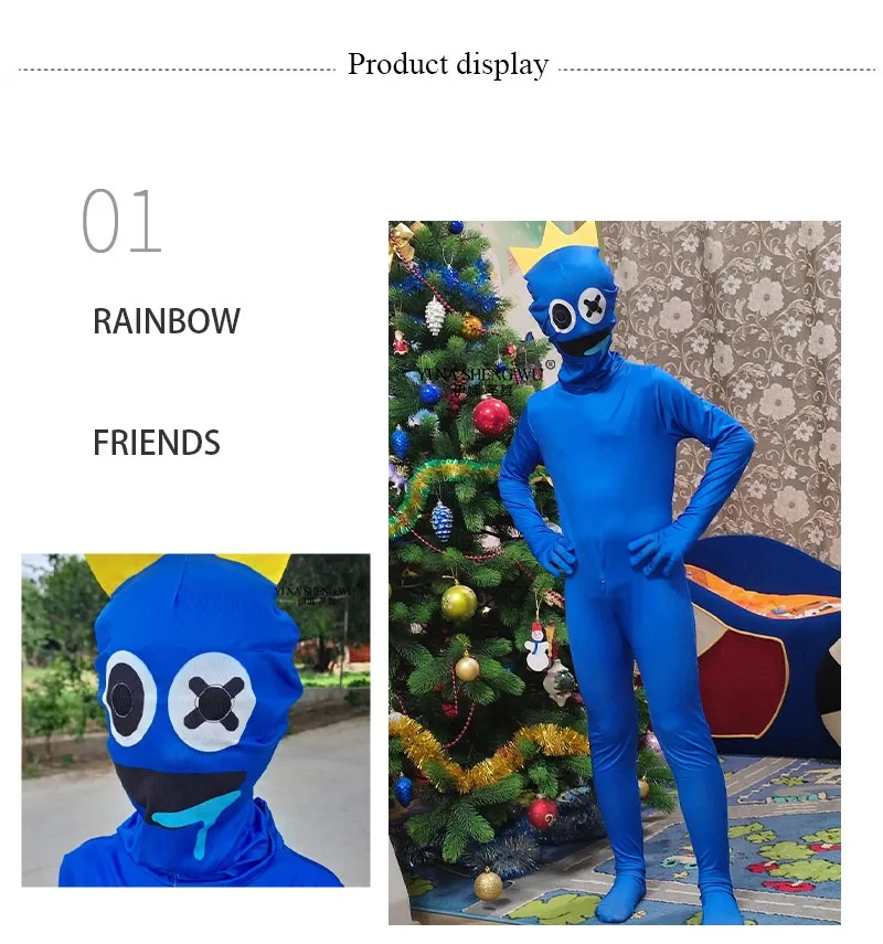 Rainbow Friends Costume Adult Kids Blue Cosplay Horror Game Halloween  Jumpsuit