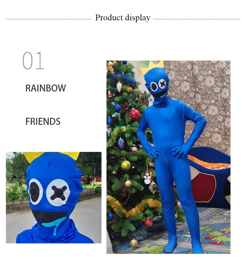 One-piece Rainbow Friends Costume For Kids Adults Blue Monster Wiki Cosplay  Horror Game Halloween Jumpsuit Party Outfit With Headgear