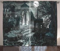 Gothic Curtains Full Moon Light Over Medieval Temple Ruins at Night Dark Scary Backdrop Living Room Bedroom Window Drapes