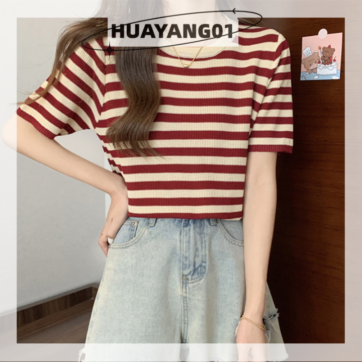 huayang01-2023แฟชั่นสุดฮอต-เสื้อยืดถักลายทางแขนสั้นย้อนยุคฤดูร้อนเสื้อผู้หญิงคอกลมเสื้อแบบหลวมลำลอง