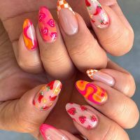 24Pcs Almond False Nails With Cute Heart Strawberry Chili Design French Checkerboard ABS Press On Nails Wearable Manicure Tips