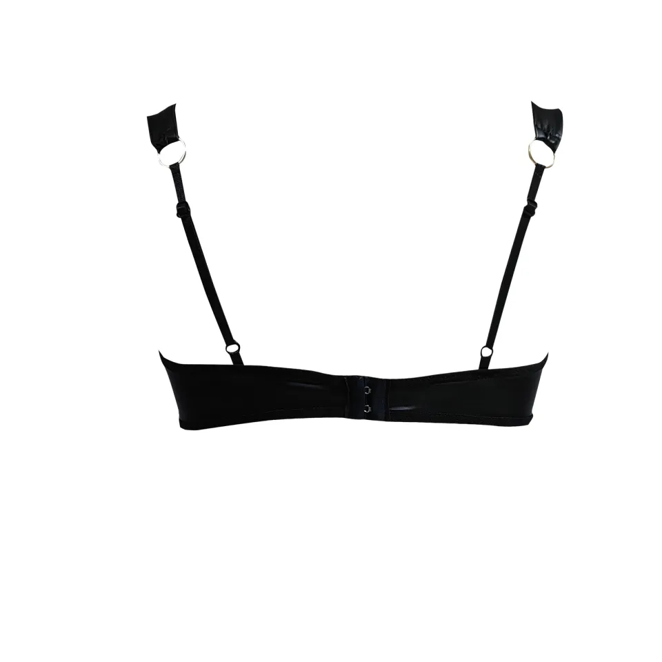 Women's PU Leather Lingerie Buckle Strappy Cut Out Bra Underwire Push Up  Bralette Bra Black S